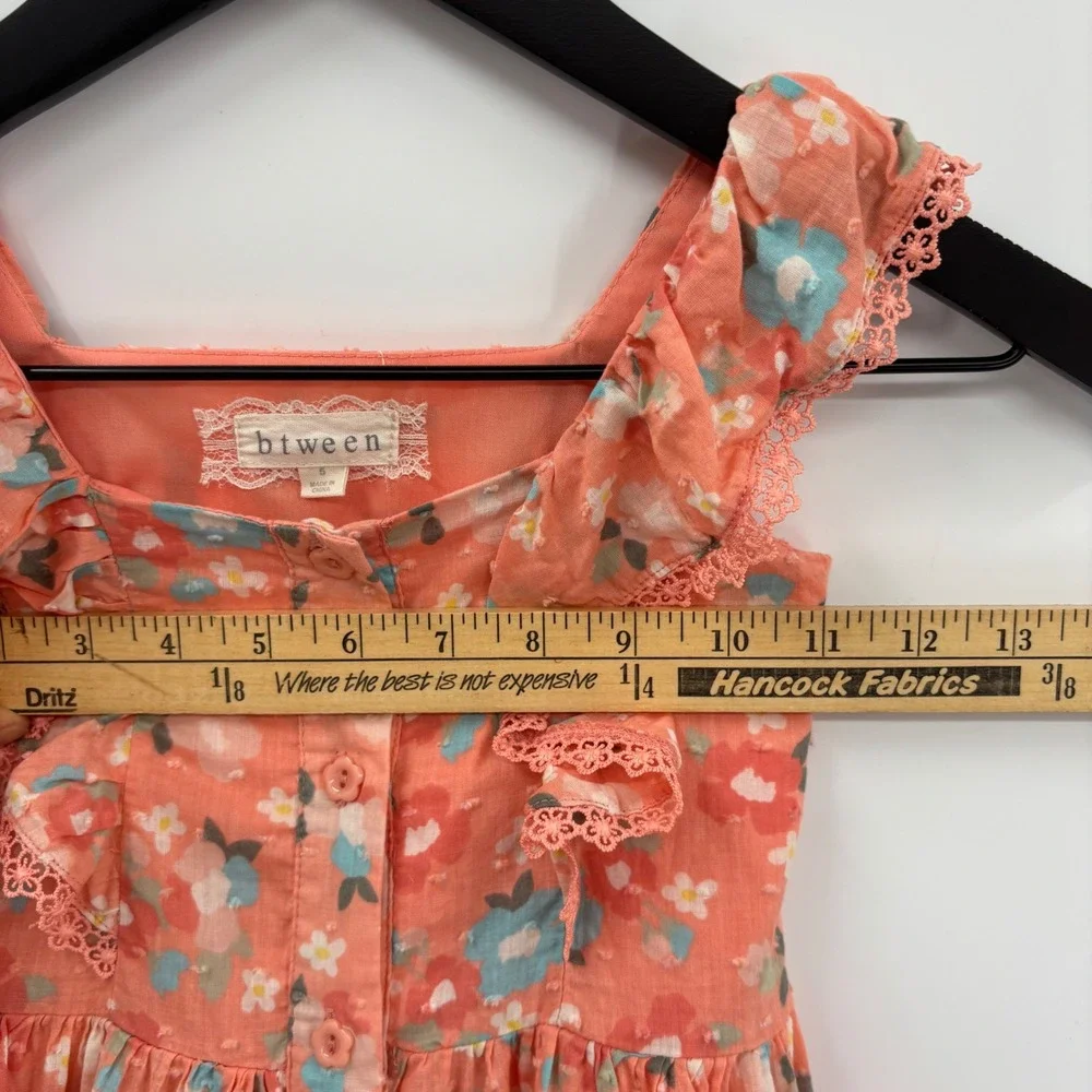 btween Girls Peach Floral Swiss Dot Ruffle Button Front‎ Tiered Dress Size 5